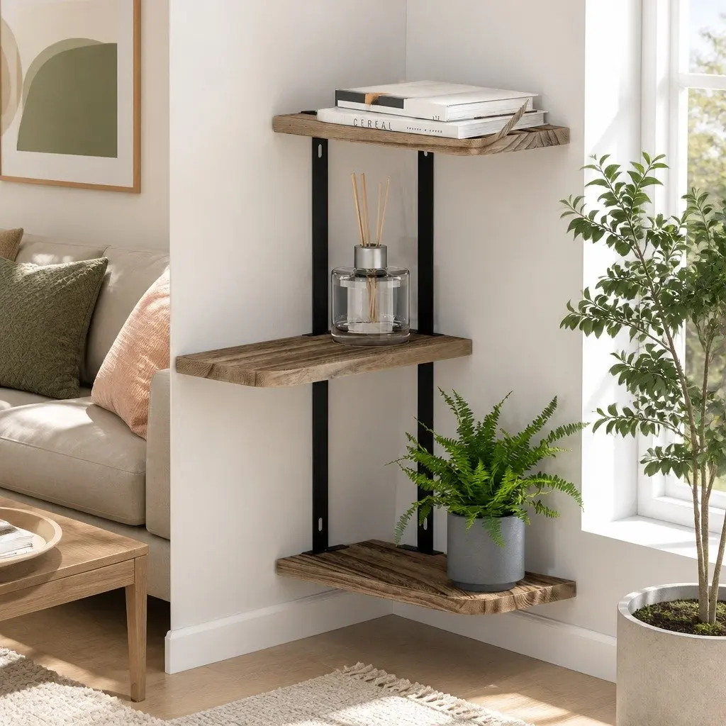 Floating Wall Shelf 3-Tier Rust Oak Black Paulownia Wood with Metal Brackets