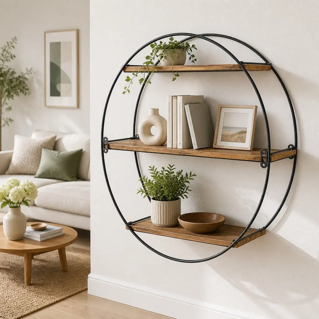 3-Tier Round Floating Wall Shelf in Rust Oak