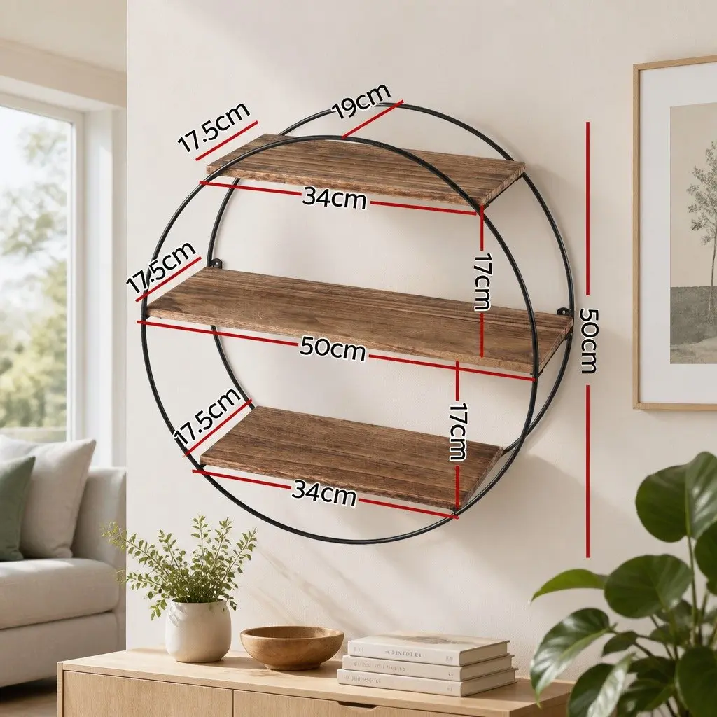 Floating Wall Shelf Round 3-Tier Corner Storage Shelves Rust Oak