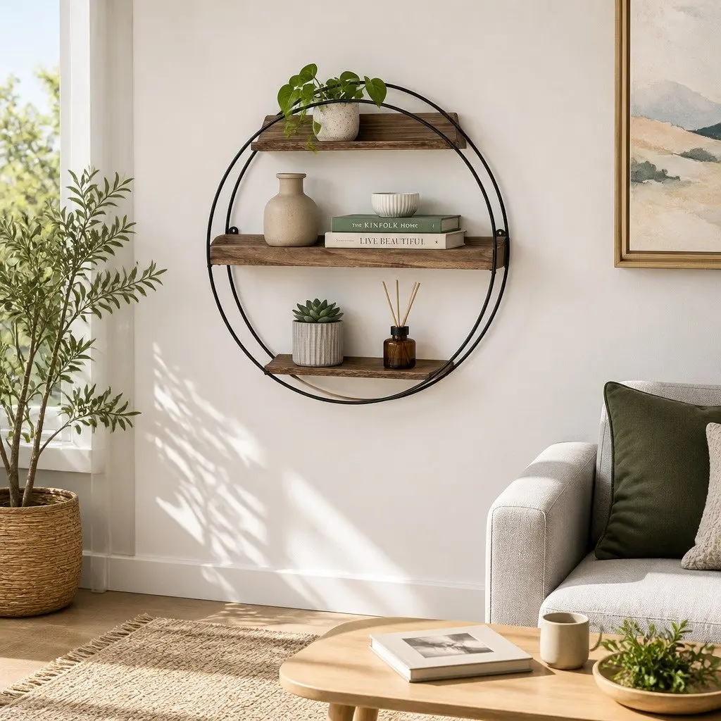 Floating Wall Shelf Round 3-Tier Corner Storage Shelves Rust Oak
