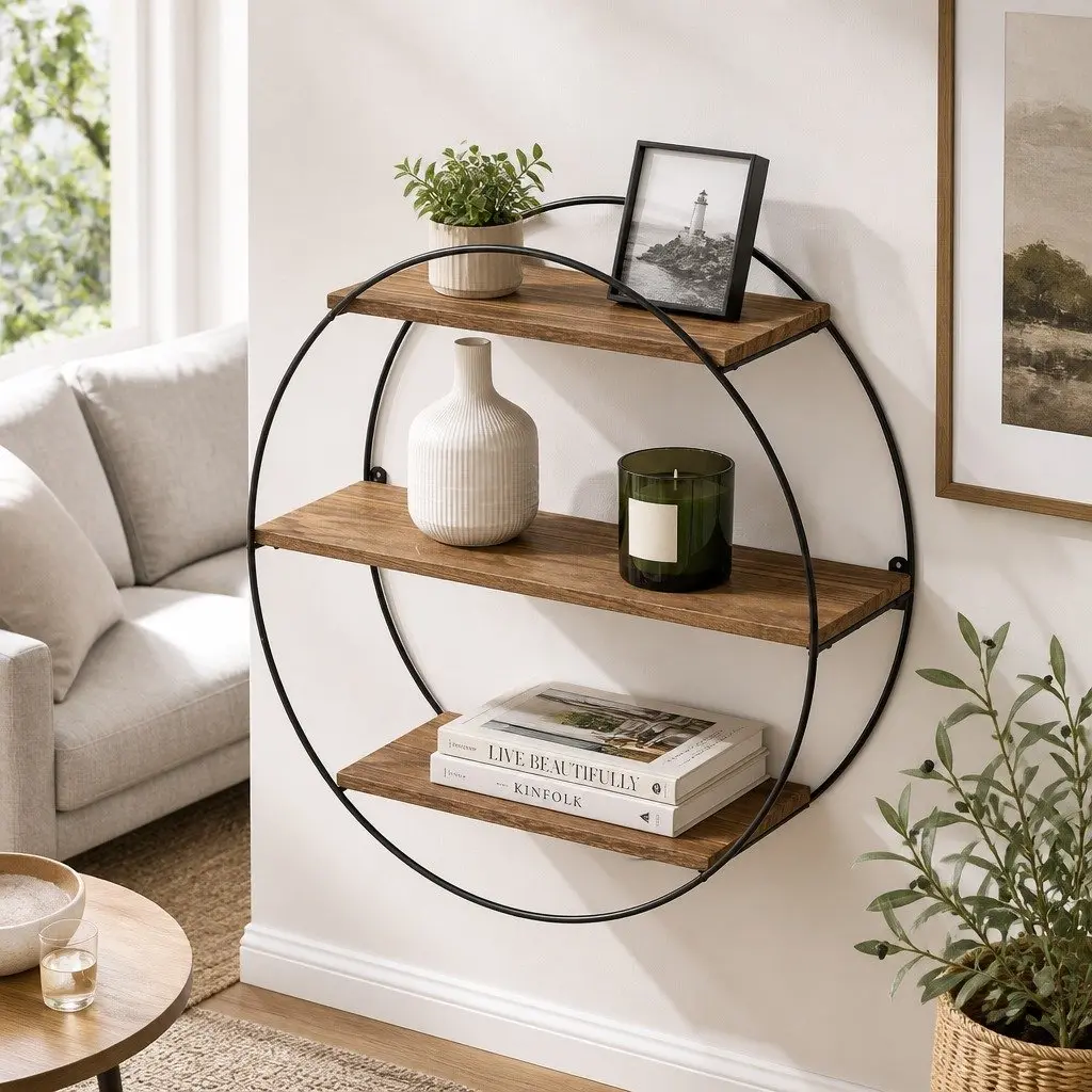 Floating Wall Shelf Round 3-Tier Corner Storage Shelves Rust Oak