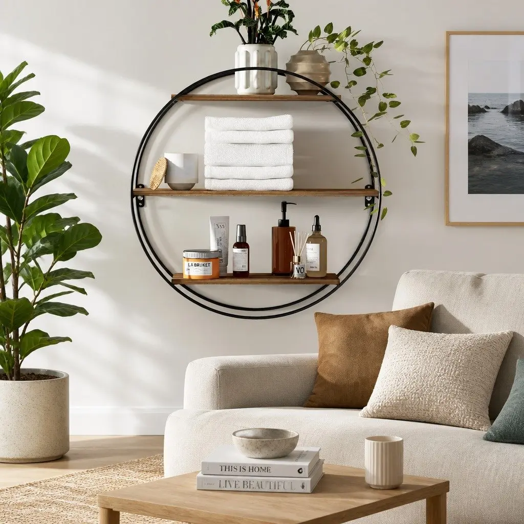 Floating Wall Shelf Round 3-Tier Corner Storage Shelves Rust Oak