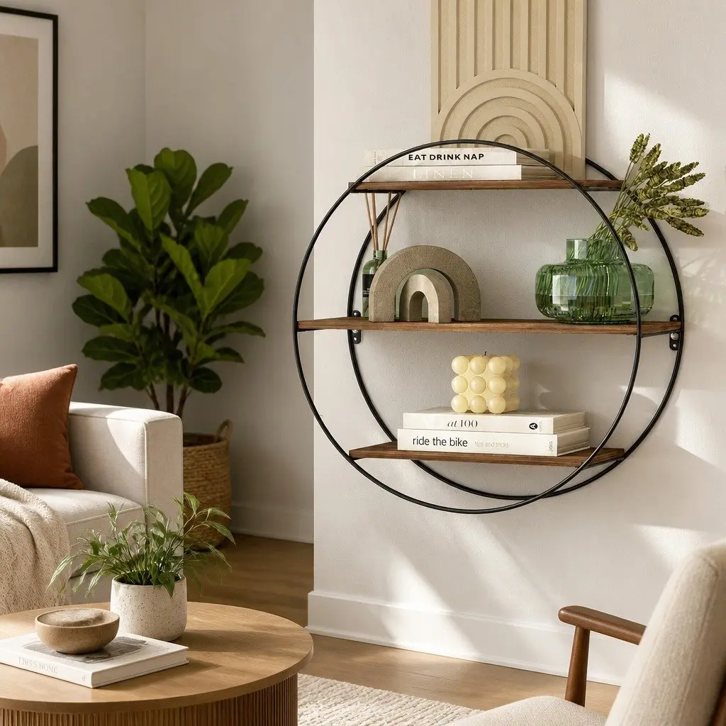Floating Wall Shelf Round 3-Tier Corner Storage Shelves Rust Oak