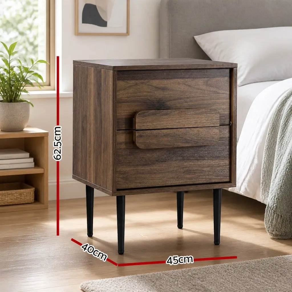 Bedside Table Nightstand 2 Drawers Walnut Bedroom Storage Organiser