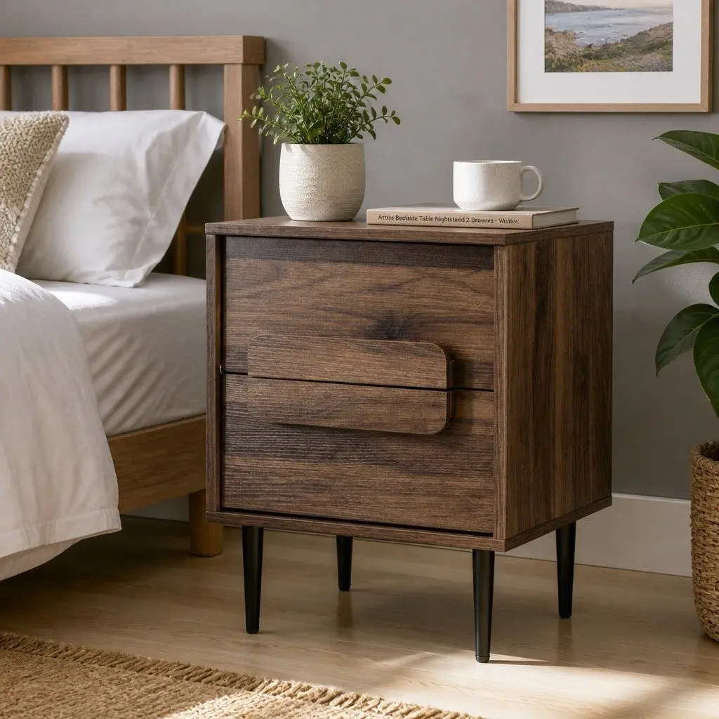 Bedside Table Nightstand 2 Drawers Walnut Bedroom Storage Organiser