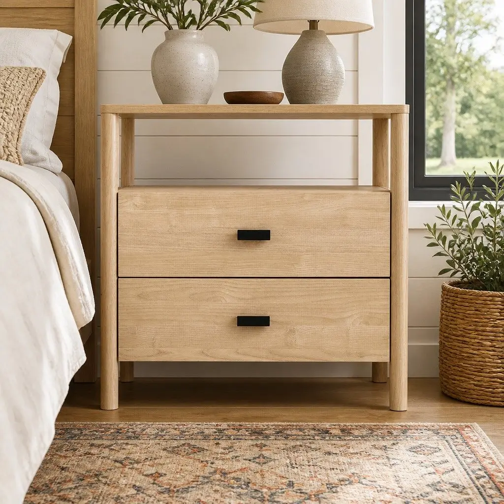 Bedside Table Nightstand 2 Drawers Pine Wood Storage Bedroom Furniture