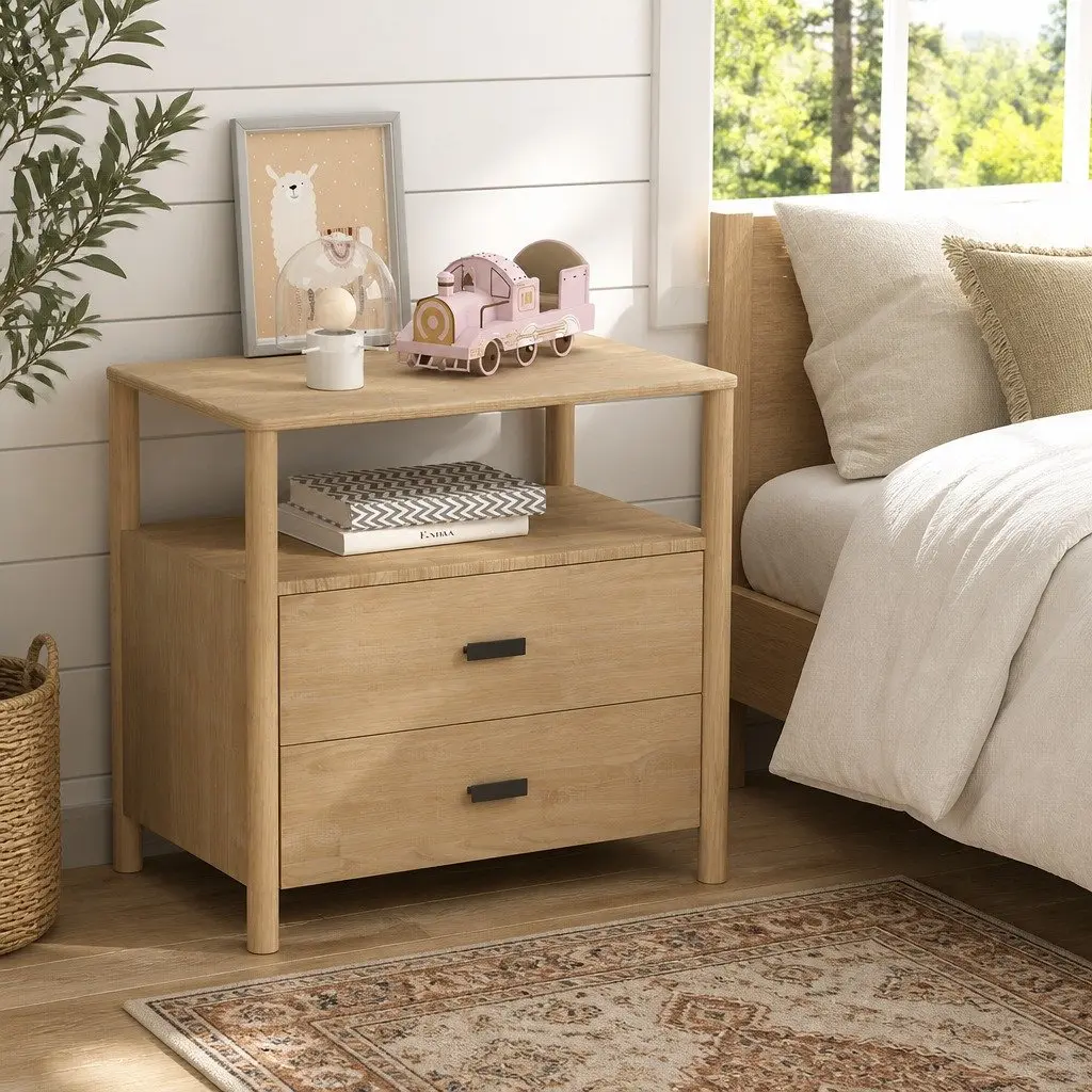 Bedside Table Nightstand 2 Drawers Pine Wood Storage Bedroom Furniture