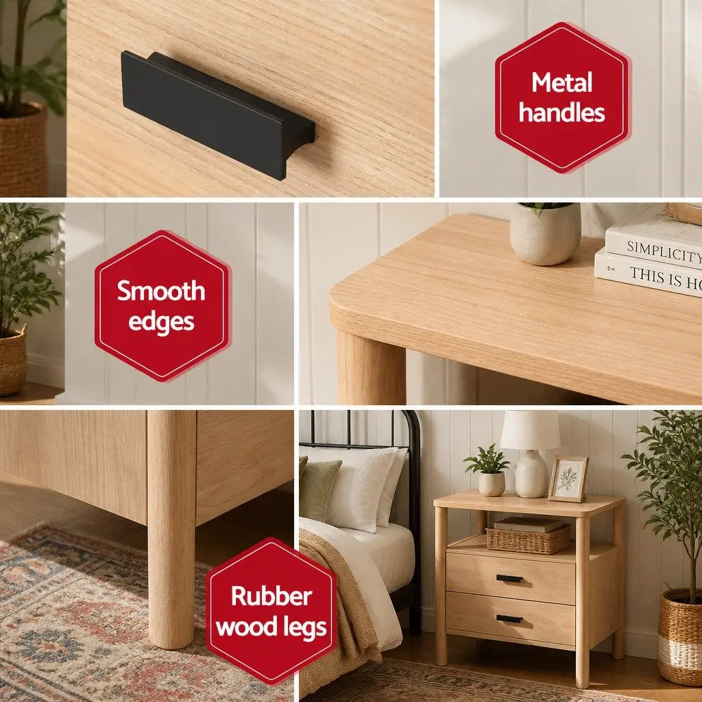 Bedside Table Nightstand 2 Drawers Pine Wood Storage Bedroom Furniture