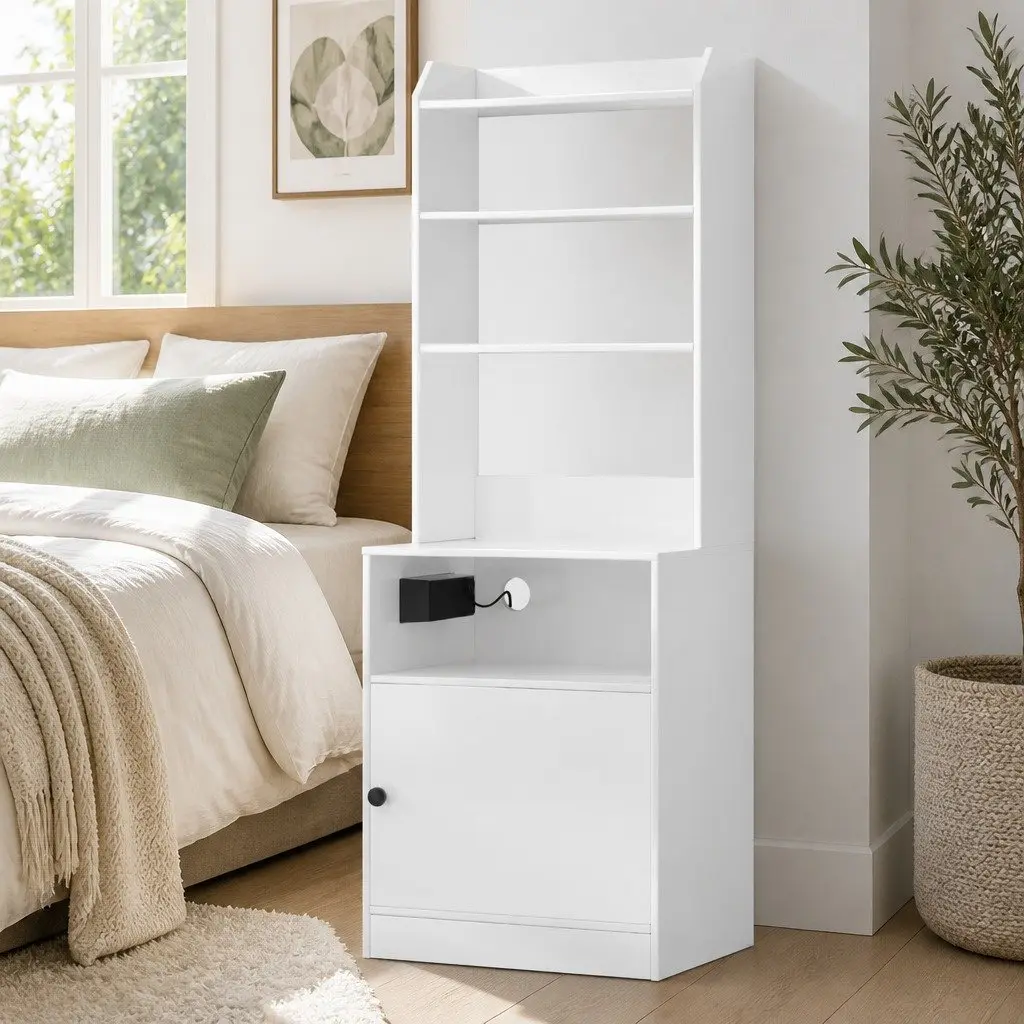 Bedside Table White Nightstand with Charging Station Storage Furniture