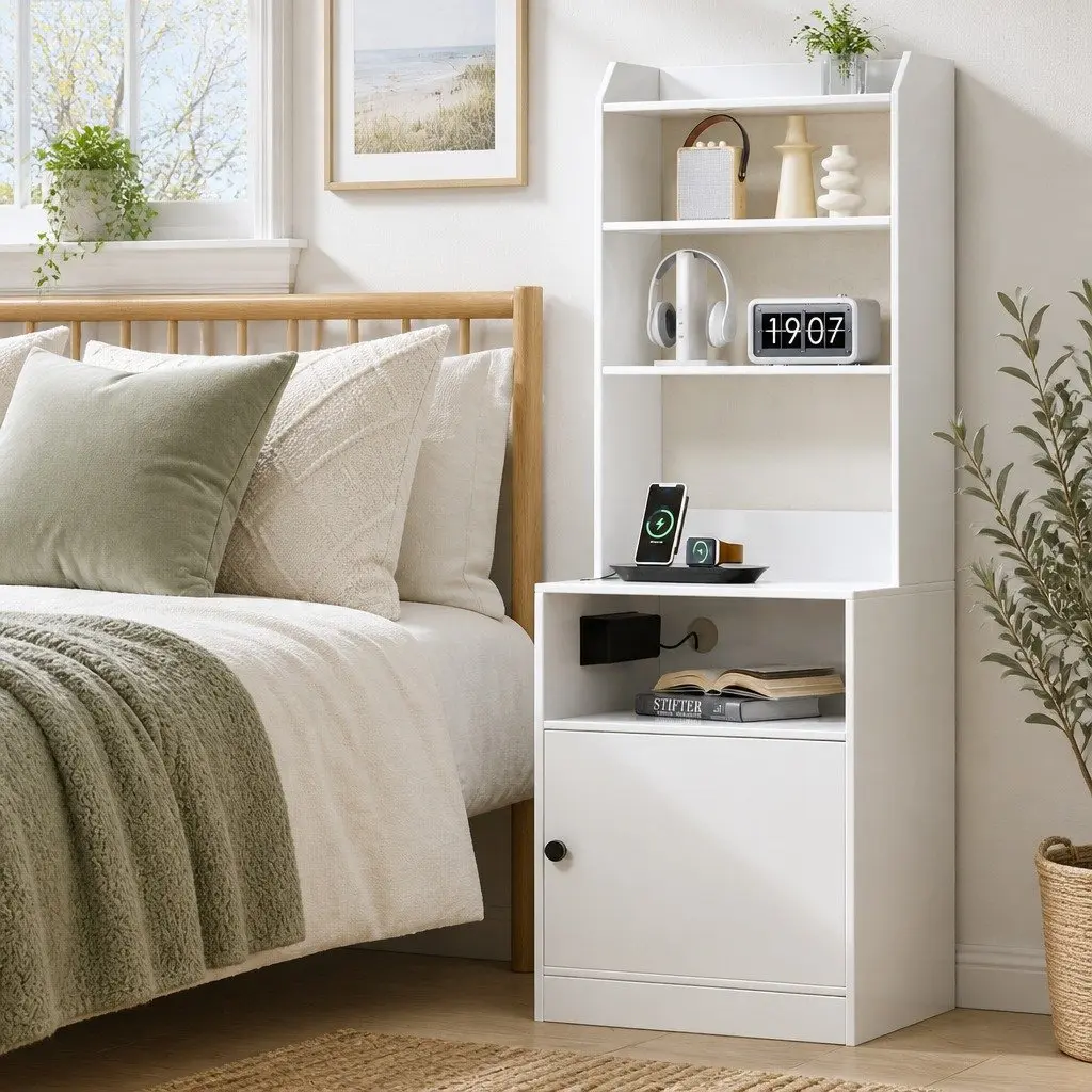 Bedside Table White Nightstand with Charging Station Storage Furniture