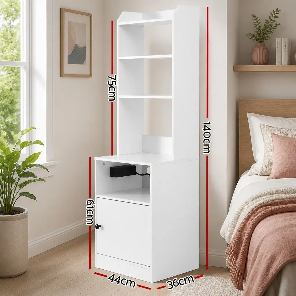 Bedside Table White Nightstand with Charging Station Storage Furniture