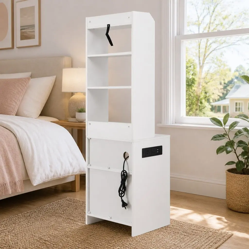 Bedside Table White Nightstand with Charging Station Storage Furniture