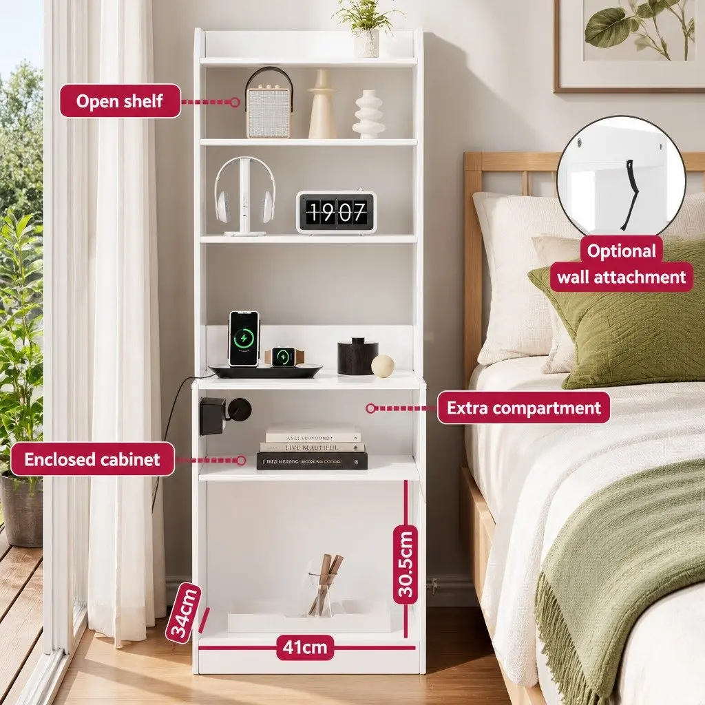 Bedside Table White Nightstand with Charging Station Storage Furniture