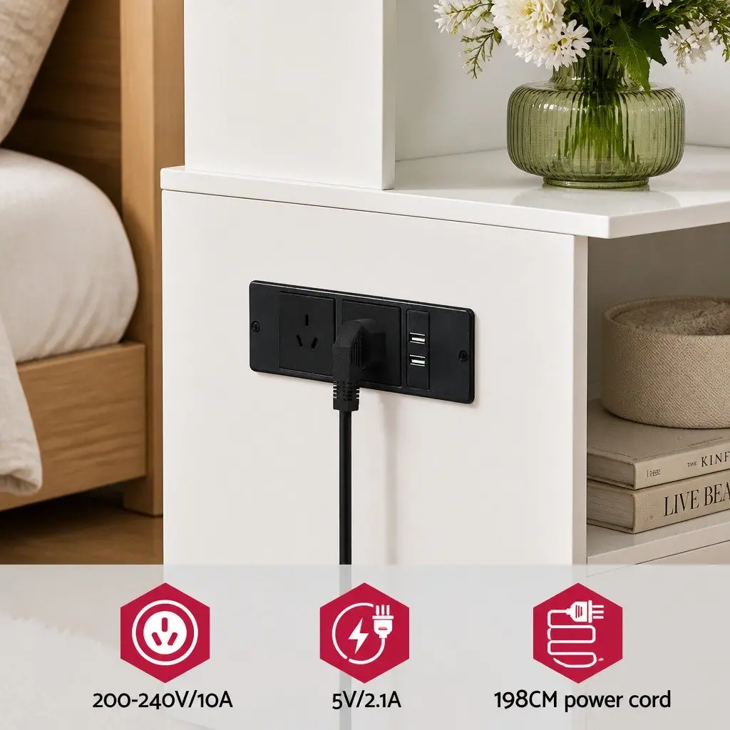 Bedside Table White Nightstand with Charging Station Storage Furniture