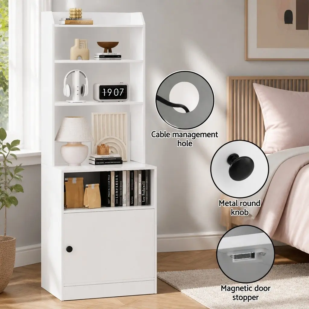 Bedside Table White Nightstand with Charging Station Storage Furniture