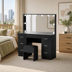 Dressing Table Vanity Desk Set with Stool 10 LED Bulbs Black Hollywood Mirror