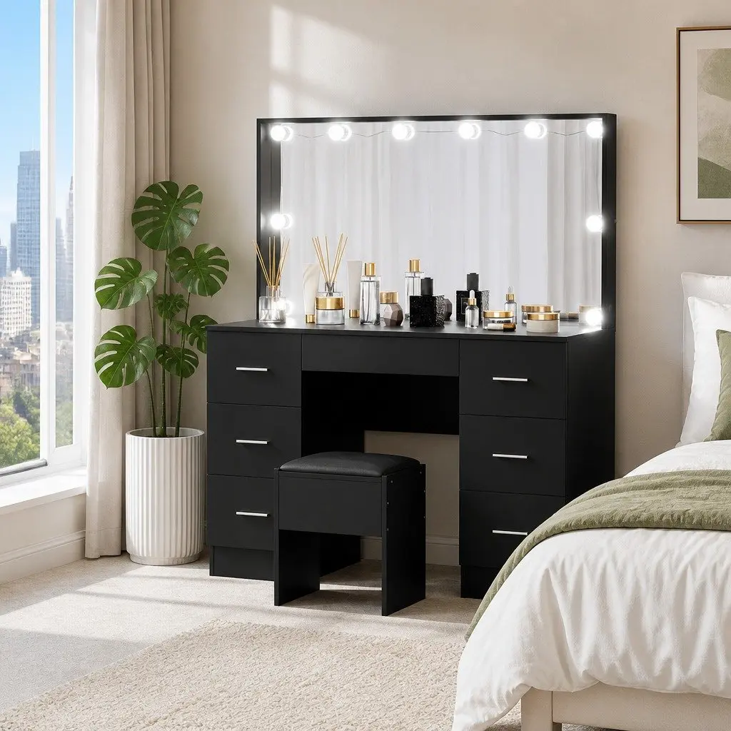 Black Dressing Vanity Desk Set with Storage
