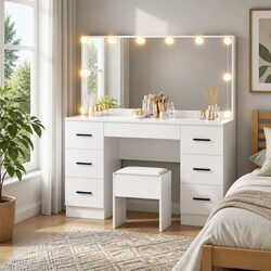 Dressing Table Set with Stool 10 LED Bulbs Hollywood Mirror Vanity White