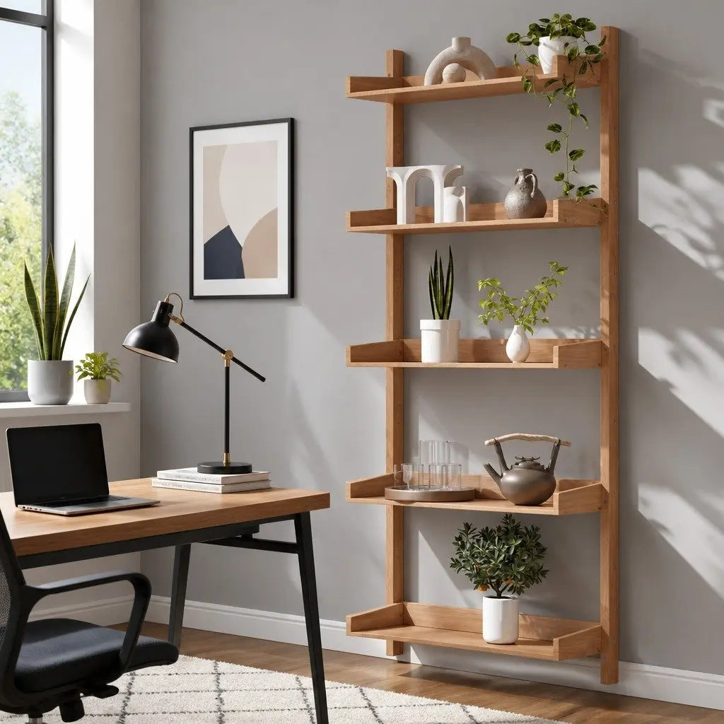 5-Tier Oak Wood Floating Bookshelf for Home Décor