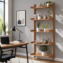 5-Tier Oak Wood Floating Bookshelf for Home Décor