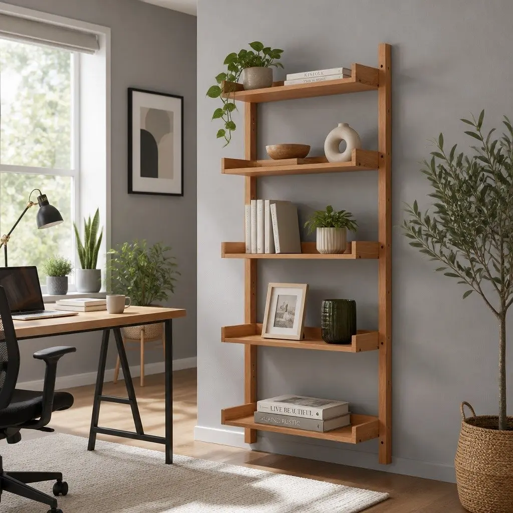 Floating Bookshelf 5-Tier Open Foldable Display Shelf Oak Wood MDF