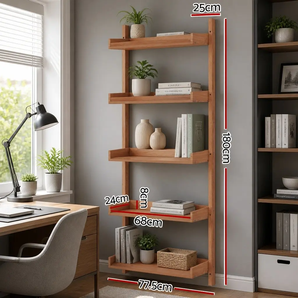 Floating Bookshelf 5-Tier Open Foldable Display Shelf Oak Wood MDF
