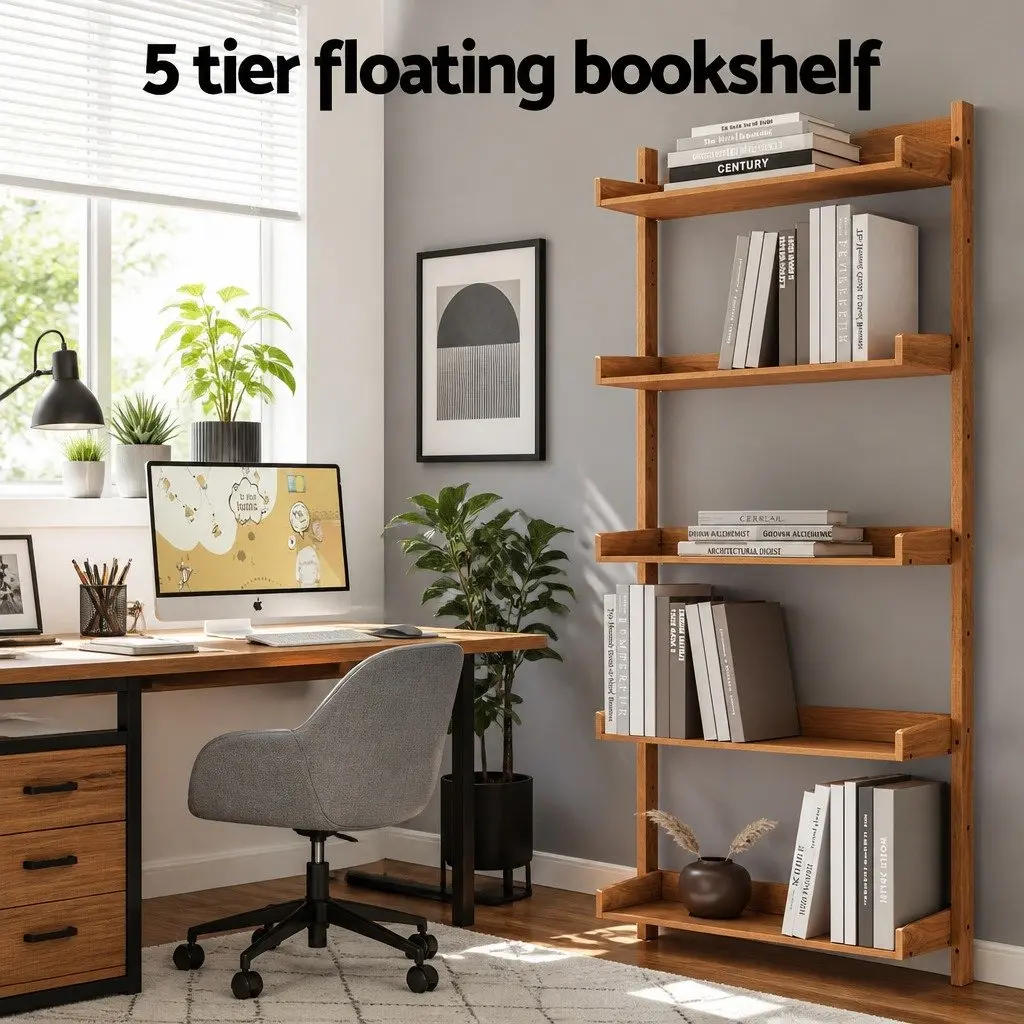 Floating Bookshelf 5-Tier Open Foldable Display Shelf Oak Wood MDF