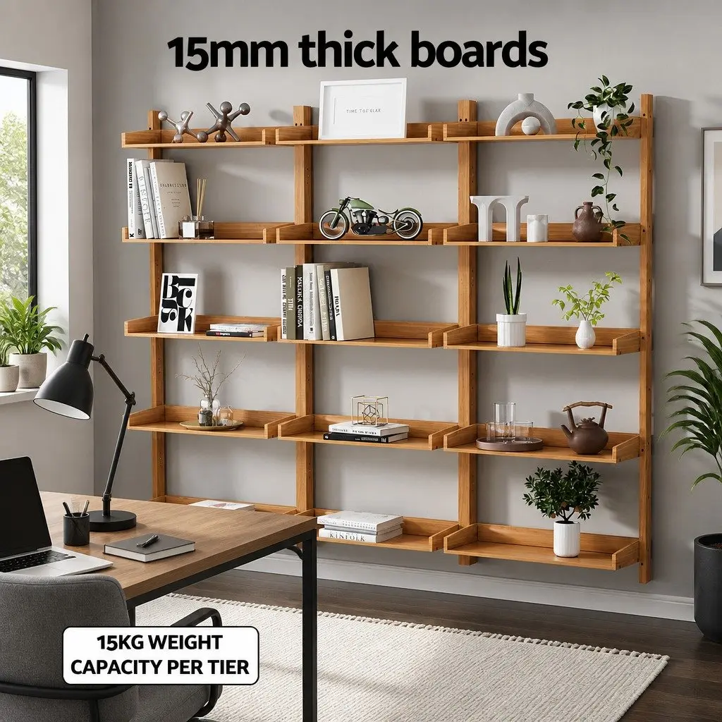 Floating Bookshelf 5-Tier Open Foldable Display Shelf Oak Wood MDF