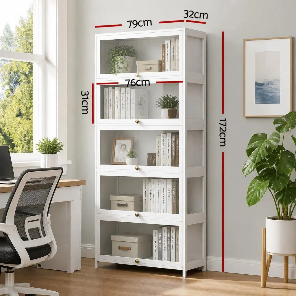 5-Tier Display Cabinet White Acrylic Panel Bamboo Frame