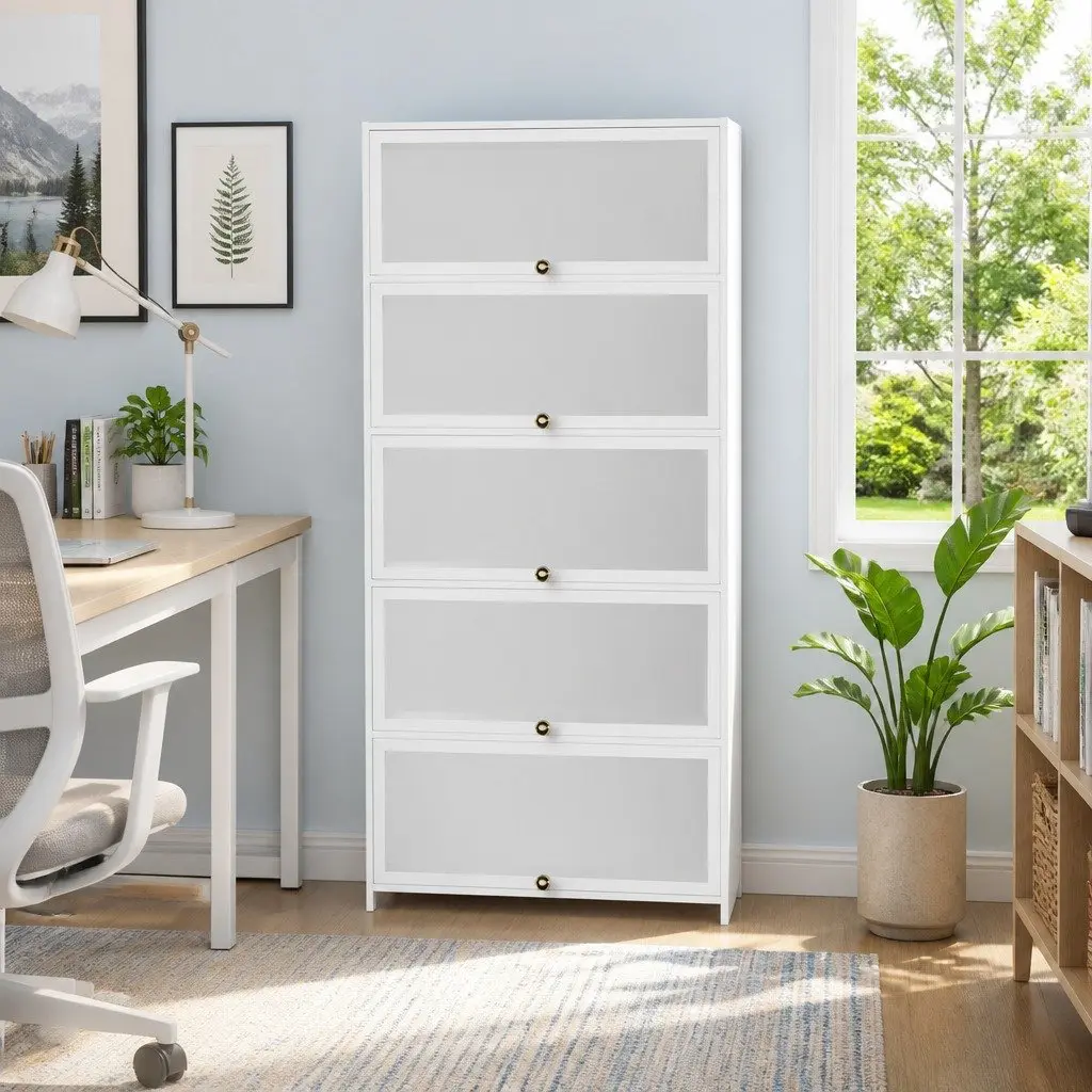 5-Tier Display Cabinet White Acrylic Panel Bamboo Frame