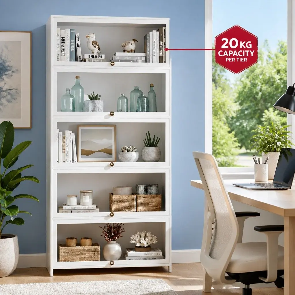 5-Tier Display Cabinet White Acrylic Panel Bamboo Frame