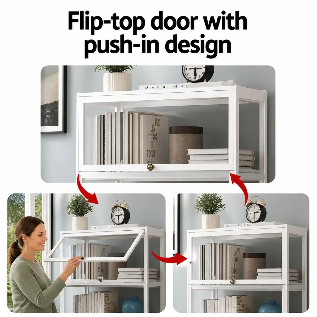 5-Tier Display Cabinet White Acrylic Panel Bamboo Frame