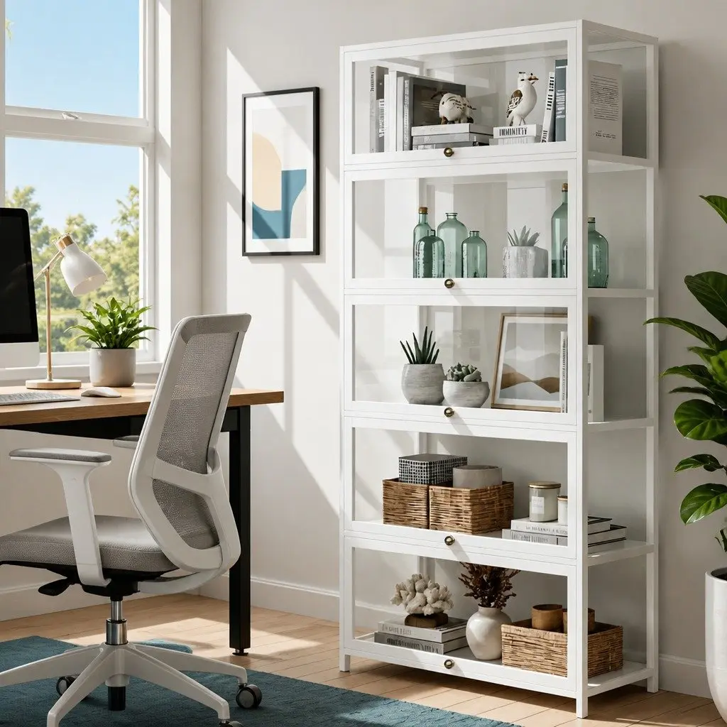 5-Tier Display Cabinet White Acrylic Panel Bamboo Frame