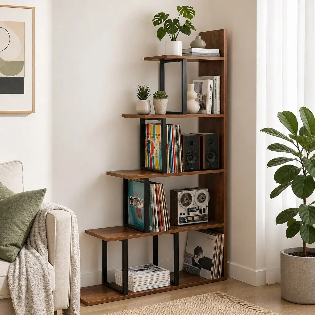 5 Tier Ladder Bookshelf Corner L-Shaped Storage Bookcase Display Unit Walnut