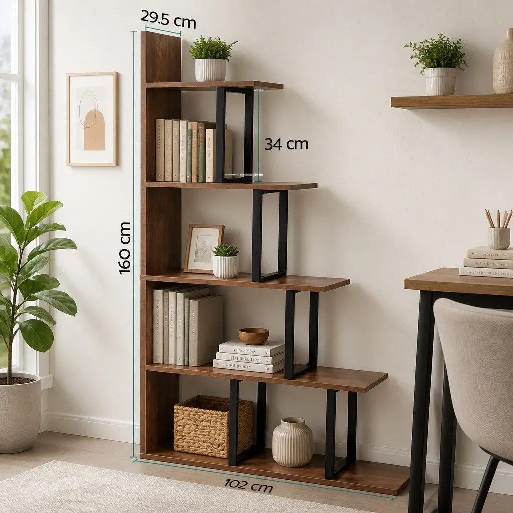 5 Tier Ladder Bookshelf Corner L-Shaped Storage Bookcase Display Unit Walnut