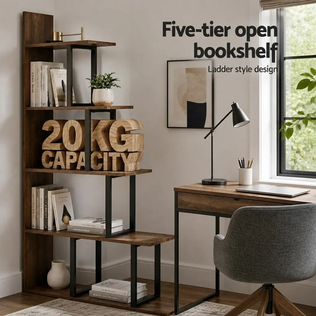 5 Tier Ladder Bookshelf Corner L-Shaped Storage Bookcase Display Unit Walnut