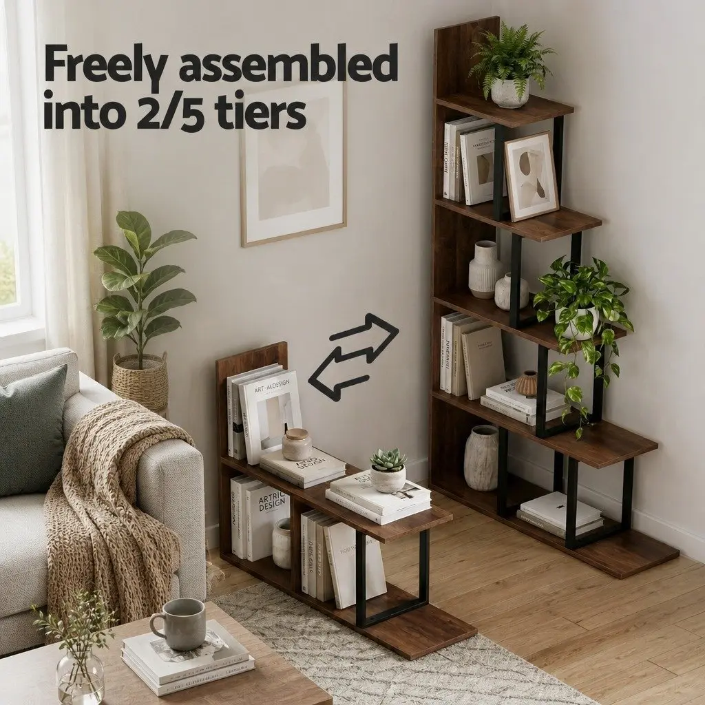 5 Tier Ladder Bookshelf Corner L-Shaped Storage Bookcase Display Unit Walnut