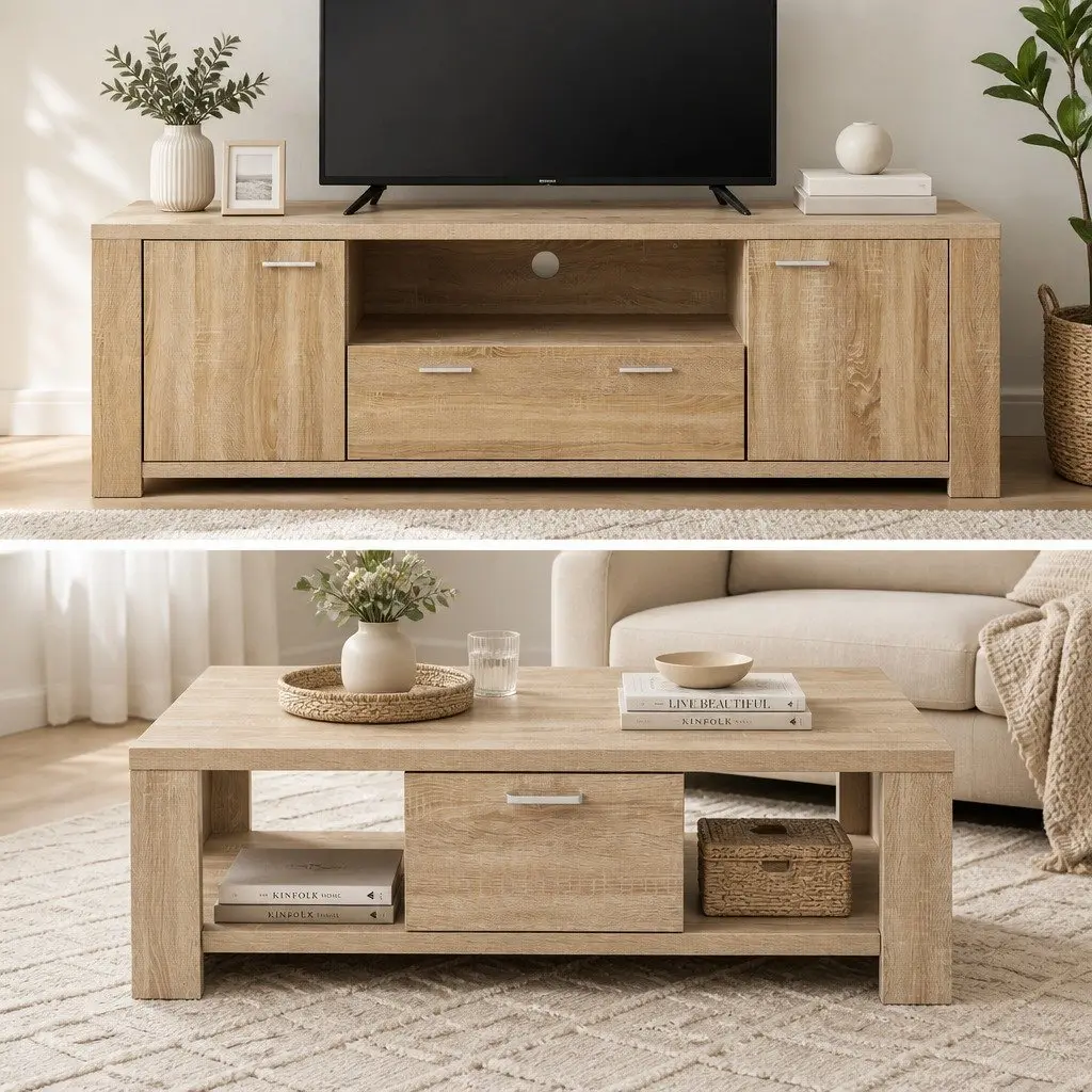 Pine Wood TV Entertainment Unit & Coffee Table Set
