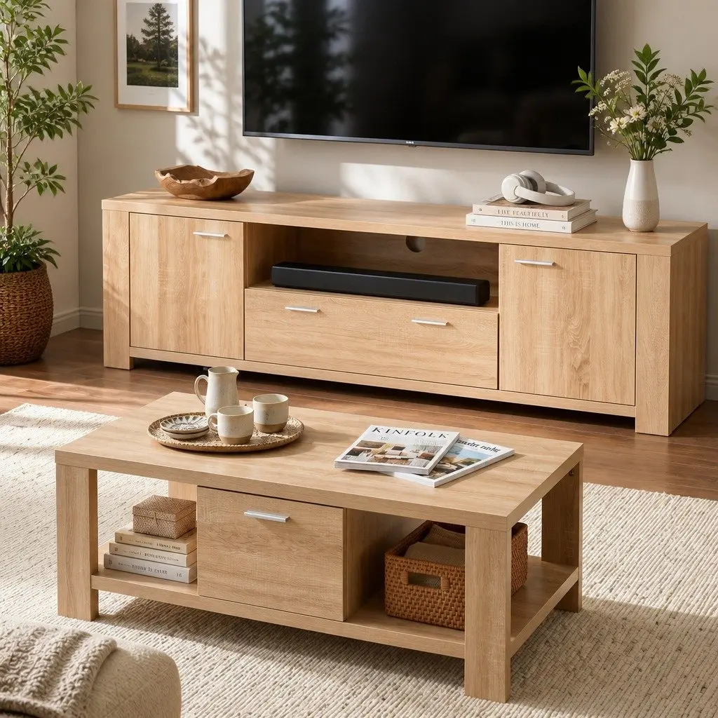 Pine Wood TV Entertainment Unit & Coffee Table Set