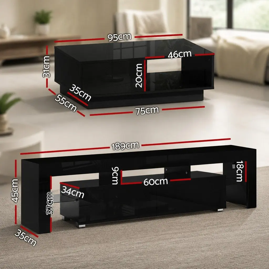 TV Entertainment Unit & Coffee Table Set with RGB LED Black Modern Living Room