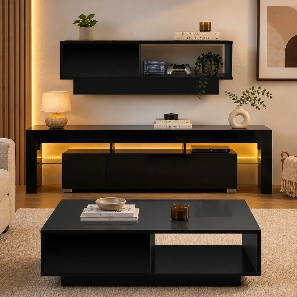 TV Entertainment Unit & Coffee Table Set with RGB LED Black Modern Living Room