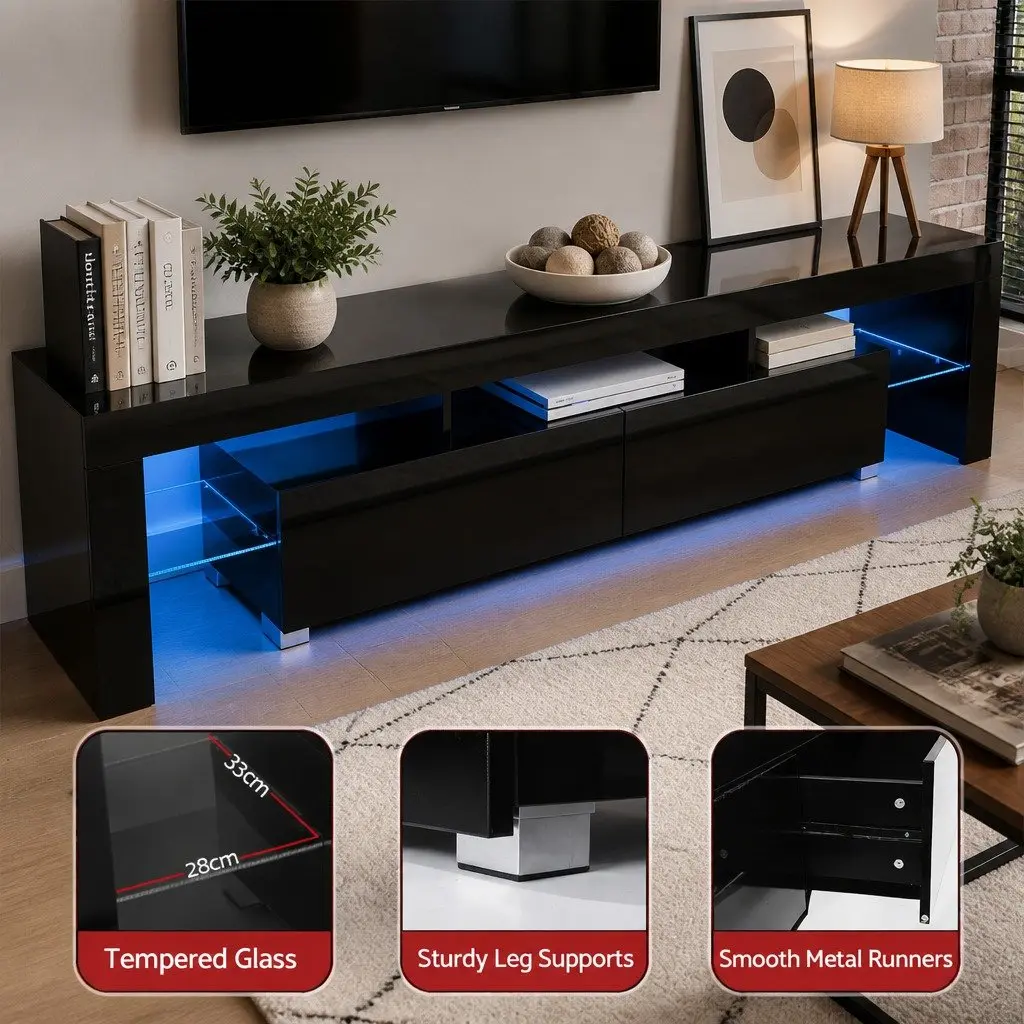TV Entertainment Unit & Coffee Table Set with RGB LED Black Modern Living Room