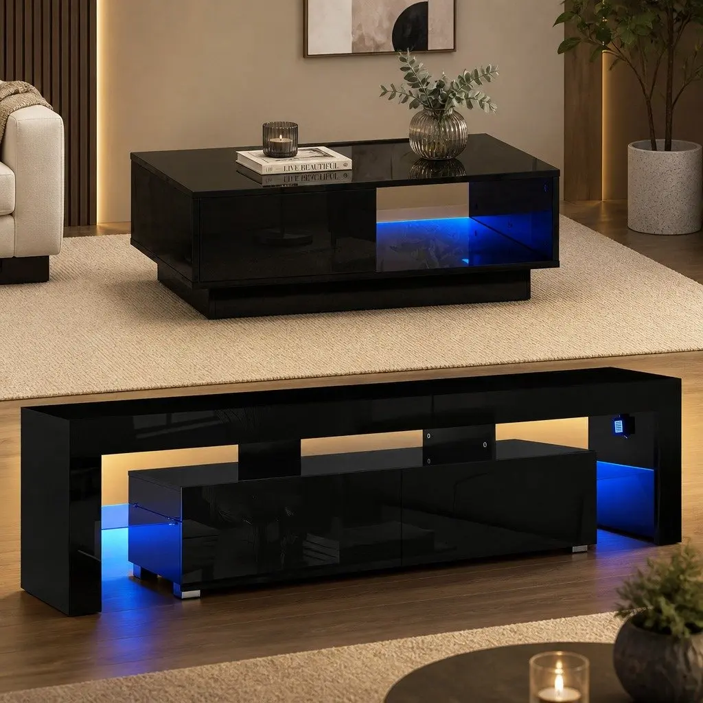 TV Entertainment Unit & Coffee Table Set with RGB LED Black Modern Living Room