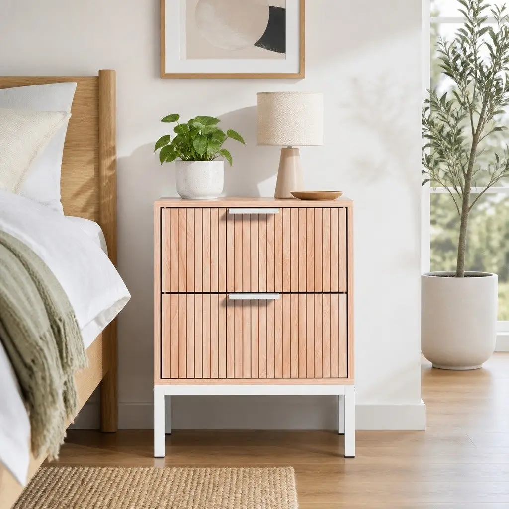 Bedside Table Natural Pine 2 Drawers Storage Cabinet Nightstand