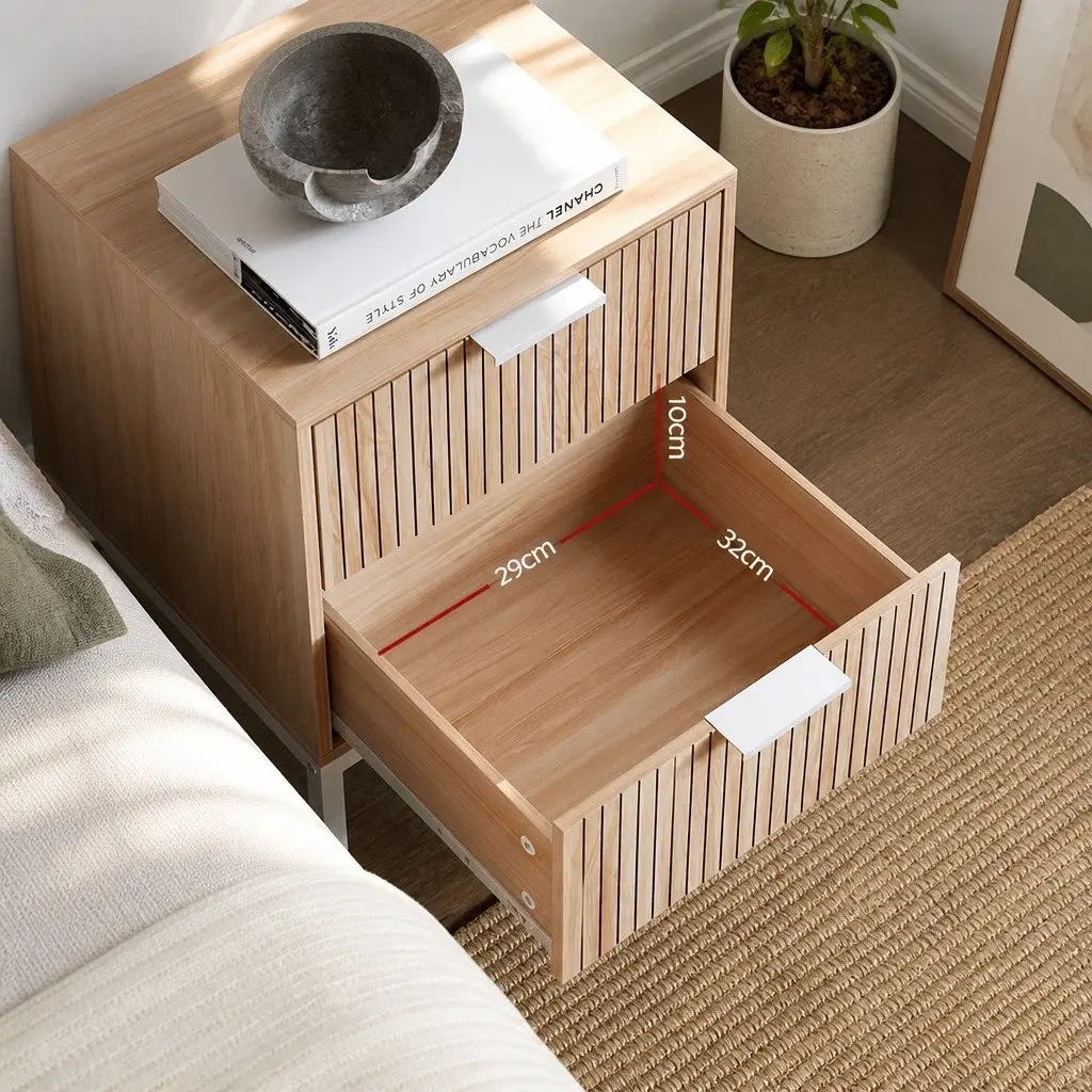 Bedside Table Natural Pine 2 Drawers Storage Cabinet Nightstand