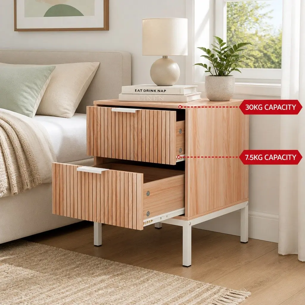 Bedside Table Natural Pine 2 Drawers Storage Cabinet Nightstand