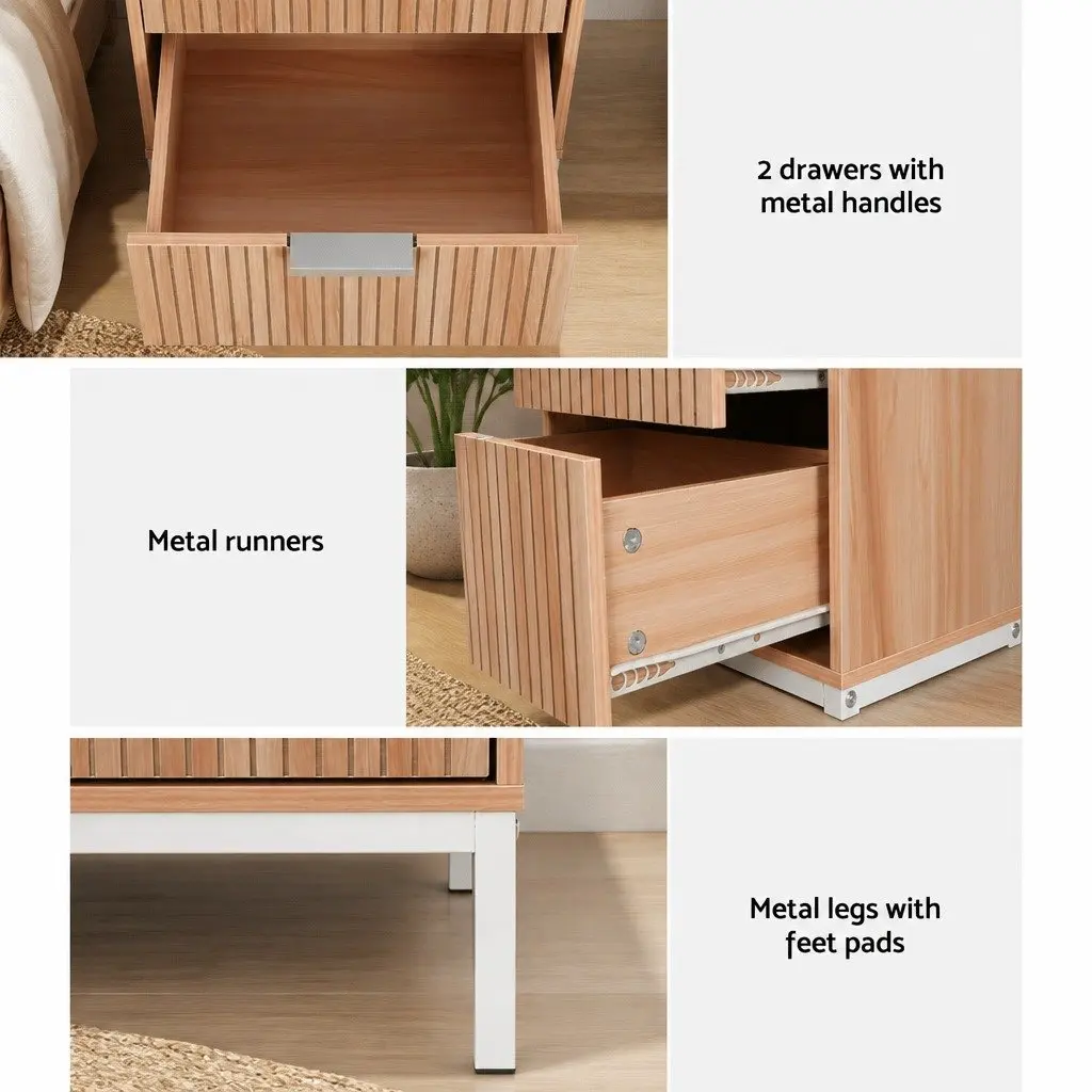 Bedside Table Natural Pine 2 Drawers Storage Cabinet Nightstand