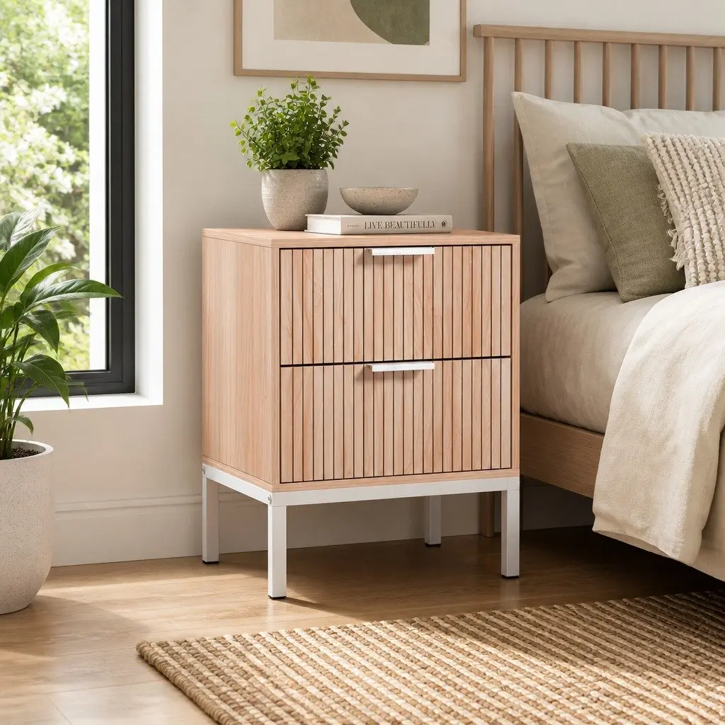 Bedside Table Natural Pine 2 Drawers Storage Cabinet Nightstand