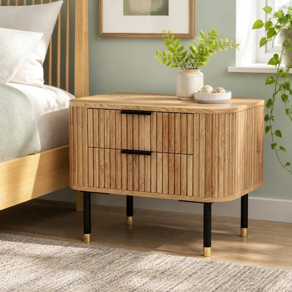 Bedside Table Pine Wood 2 Drawers MDF Top Metal Legs 56cm W x 42cm D x 45.5cm H