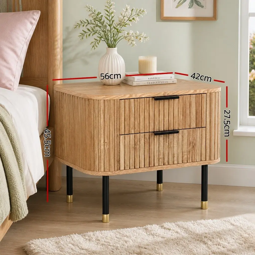 Bedside Table Pine Wood 2 Drawers MDF Top Metal Legs 56cm W x 42cm D x 45.5cm H